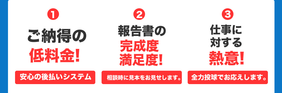 ご納得の低料金! 報告書の完成度満足度! 仕事に対する熱意!